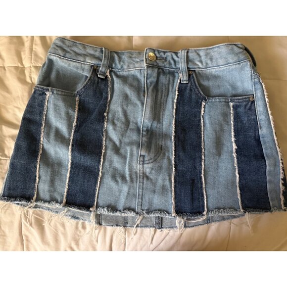Pacsun Womens Two-Tone Denim Mini Skirt Size 27 Fringe Hem Blue Patchwork Cotton - Picture 1 of 12
